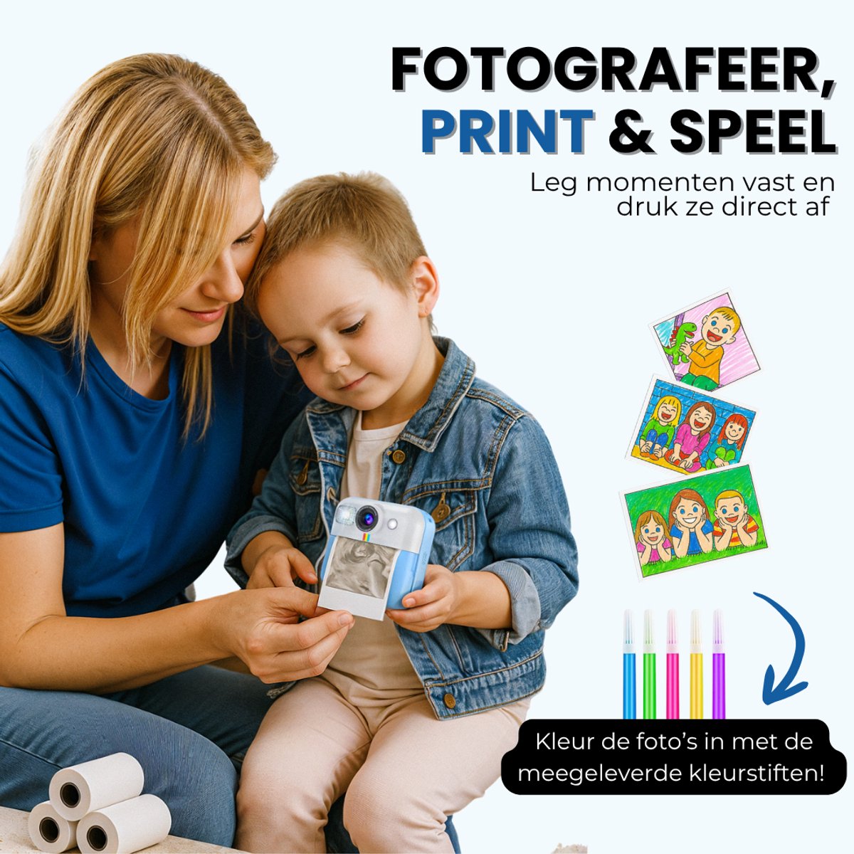 TinyPlay Kindercamera met foto printer - Digitale Camera Kinderen - 48MP - Full HD Foto en Video - Spelletjes - Fotoprinter - Kinder camera - Digitale kindercamera - Blauw – foto 8