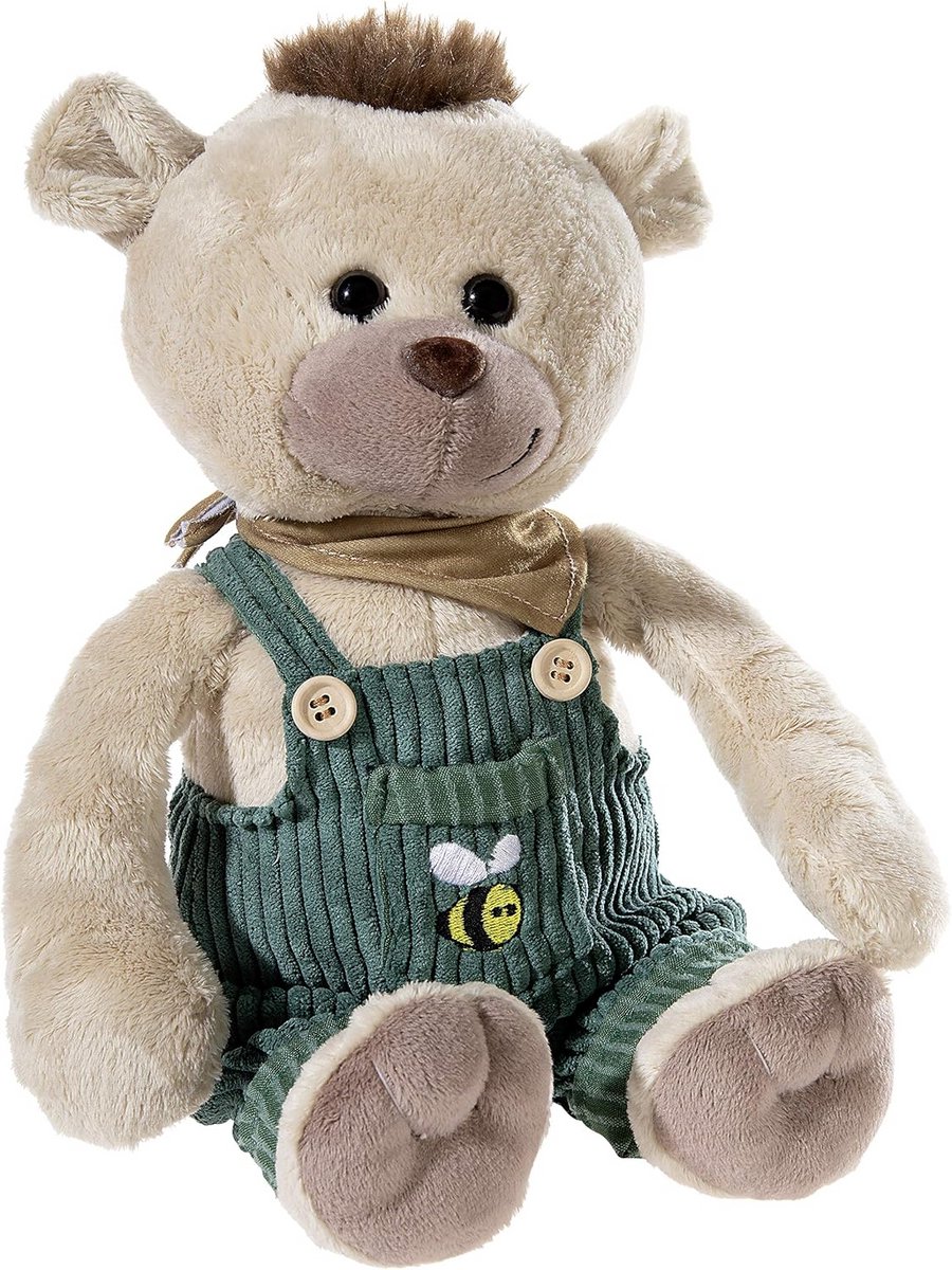 Pluche knuffelbeer met tuinbroek en honingbij-detail