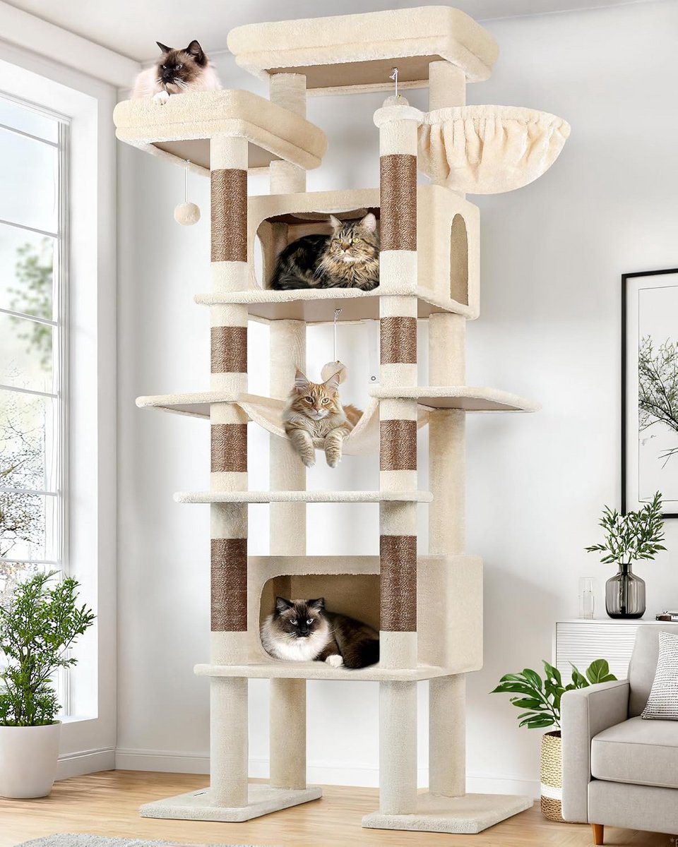 Extra Grote Beige Kattenboom XXL Hoog met Krabpaal, Mand en Grote Huisjes