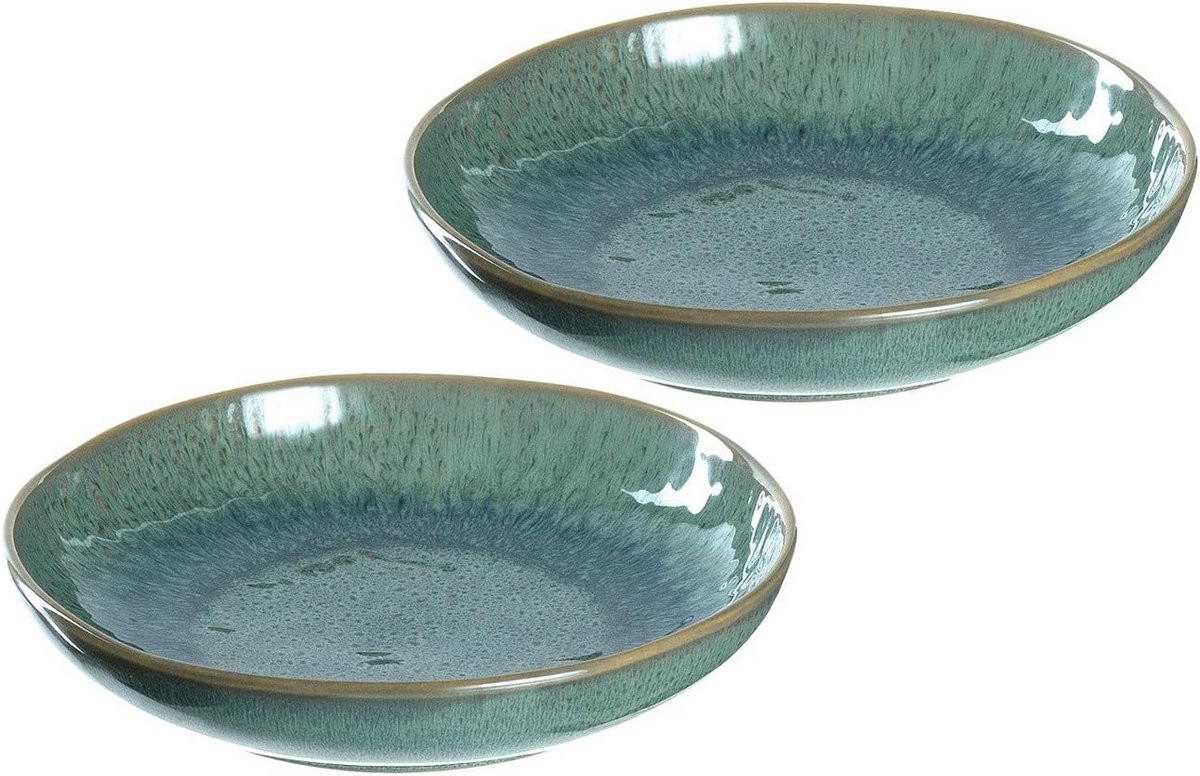 Set van 2 Diepe Keramische Borden Groen 20.5 cm - Handgemaakt Effect Glazuur