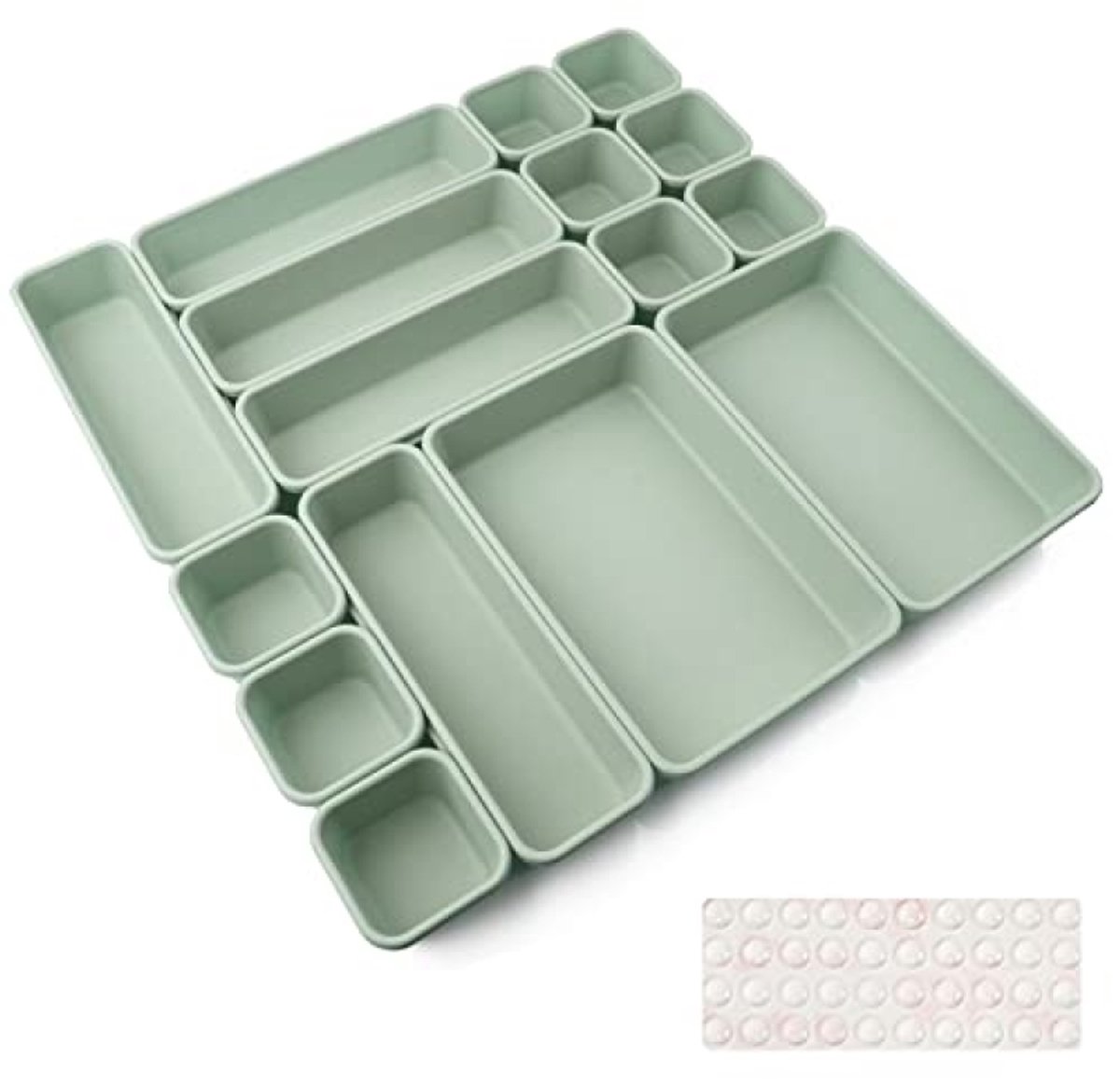Set van 16 Opbergbakjes voor Lades - Groen - 3 Formaten - Met Antislip
