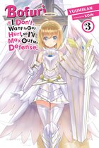 Kaamelijk wit engelenpantser met gouden accenten, een schild en een aureool. Titel: Bofuri: I Don't Want to Get Hurt, so I'll Max Out My Defense. Vol. 3.