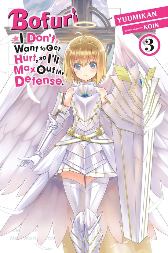 Kaamelijk wit engelenpantser met gouden accenten, een schild en een aureool. Titel: Bofuri: I Don't Want to Get Hurt, so I'll Max Out My Defense. Vol. 3.