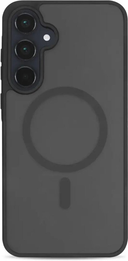 Zwarte matte beschermhoes met MagSafe-ring, achterkant van de telefoon.