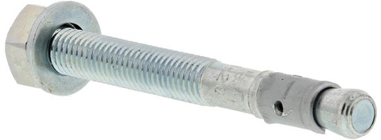 Een metalen plug met een zeskantmoer en ring, met een taps toelopende kop.