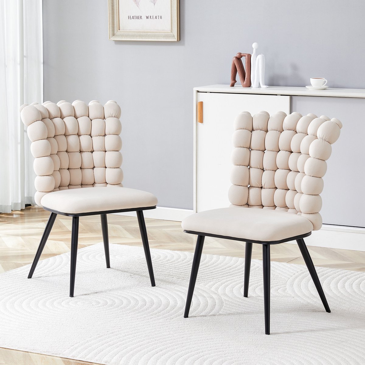 STILVORA Eetkamerstoel Set Van 2 - Zachte Fluwelen Bekleding - Driedimensionale Rugleuning Met Kralenlook - Voor Eetkamer En Woonkamer - Metaal Off White