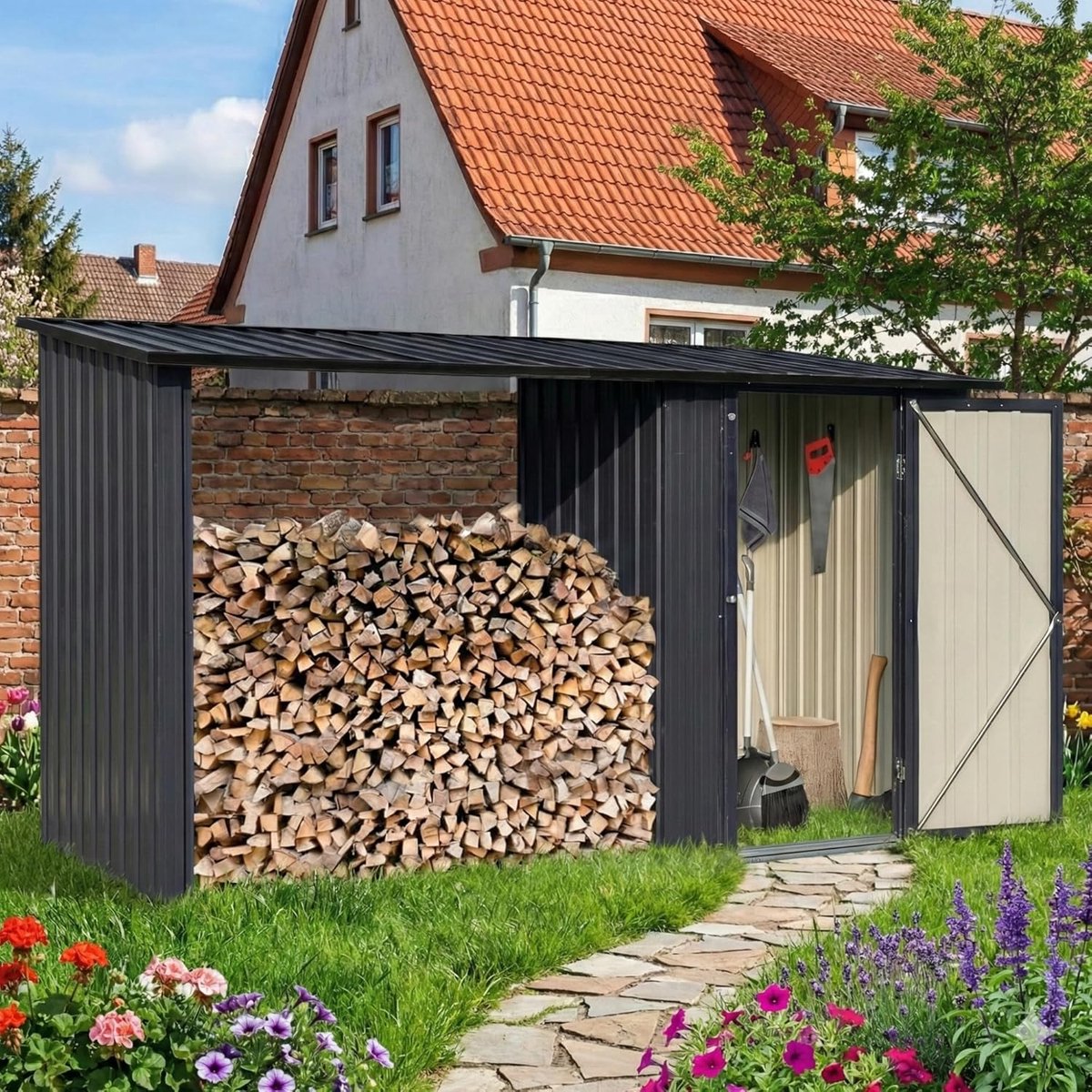 Albatros Profi gereedschapsschuur M - gereedschapsschuur met houten afdak voor 2,3m³ hout, gegalvaniseerd metaal in antraciet (RAL 7016) | 366x127x161cm | weerbestendige gereedschapopslag tuinkast