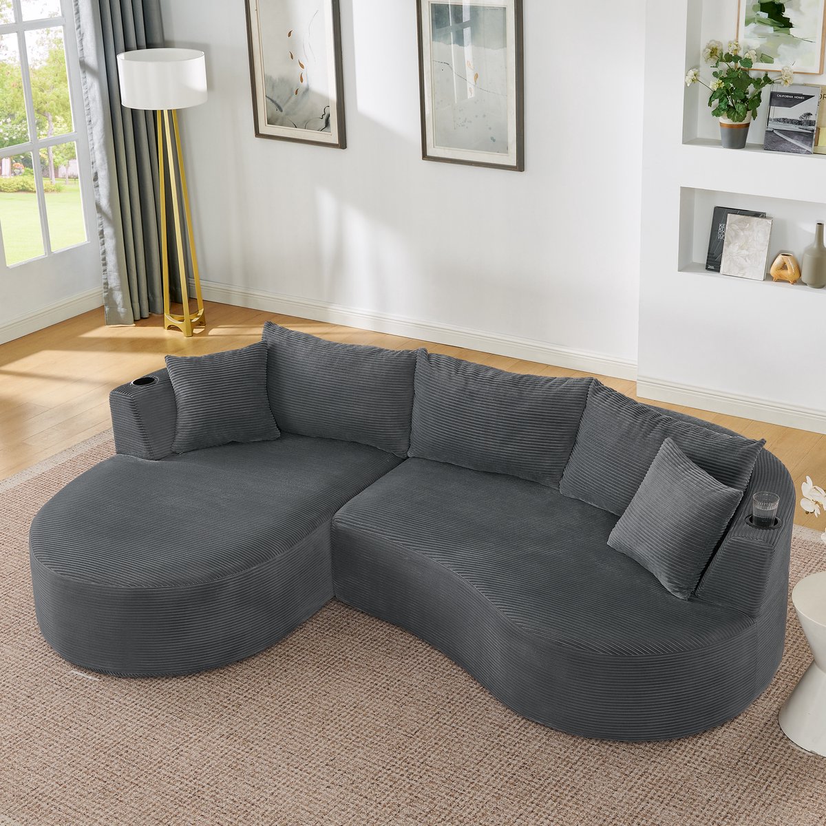 3-Zits Compressiebank, Chaise Longue Links + 2-zitsbank, Hoekbank Gebogen Ontwerp, Zachte Corduroy Stof, met Bekerhouder en Kussens, Vacuümverpakt, voor Woonkamer, Hotel, Appartement en Kantoor, Grijs