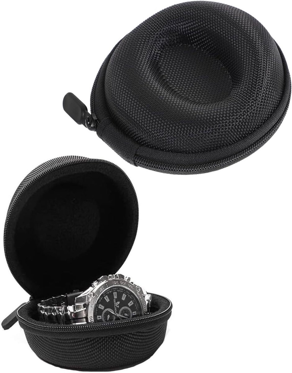 Draagbaar horlogeetui met ritssluiting, ergonomisch ontworpen om te voorkomen dat het horloge gaat schudden, geschikt voor horloges met een wijzerplaatdiameter van minder dan 50 mm, zwart.