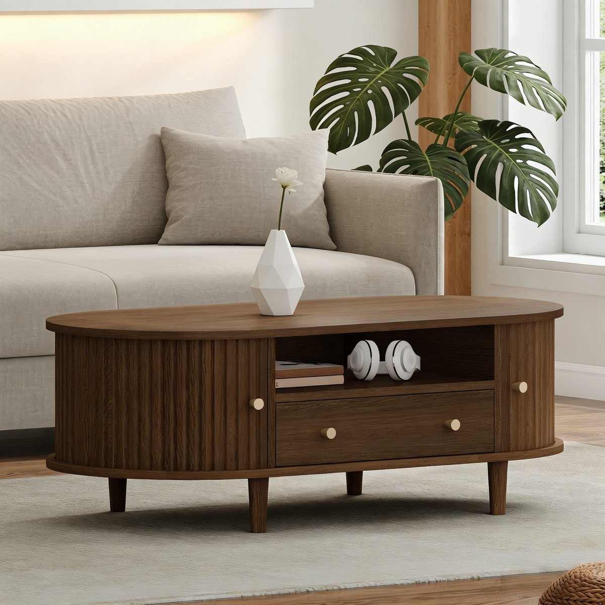 HAUSS SPOLE Salontafel - Ovaal Met Lade En Roldeur - Opbergen Voor Woonkamer En Kleine Ruimtes - MDF Walnootlook - 100x50x36 Cm