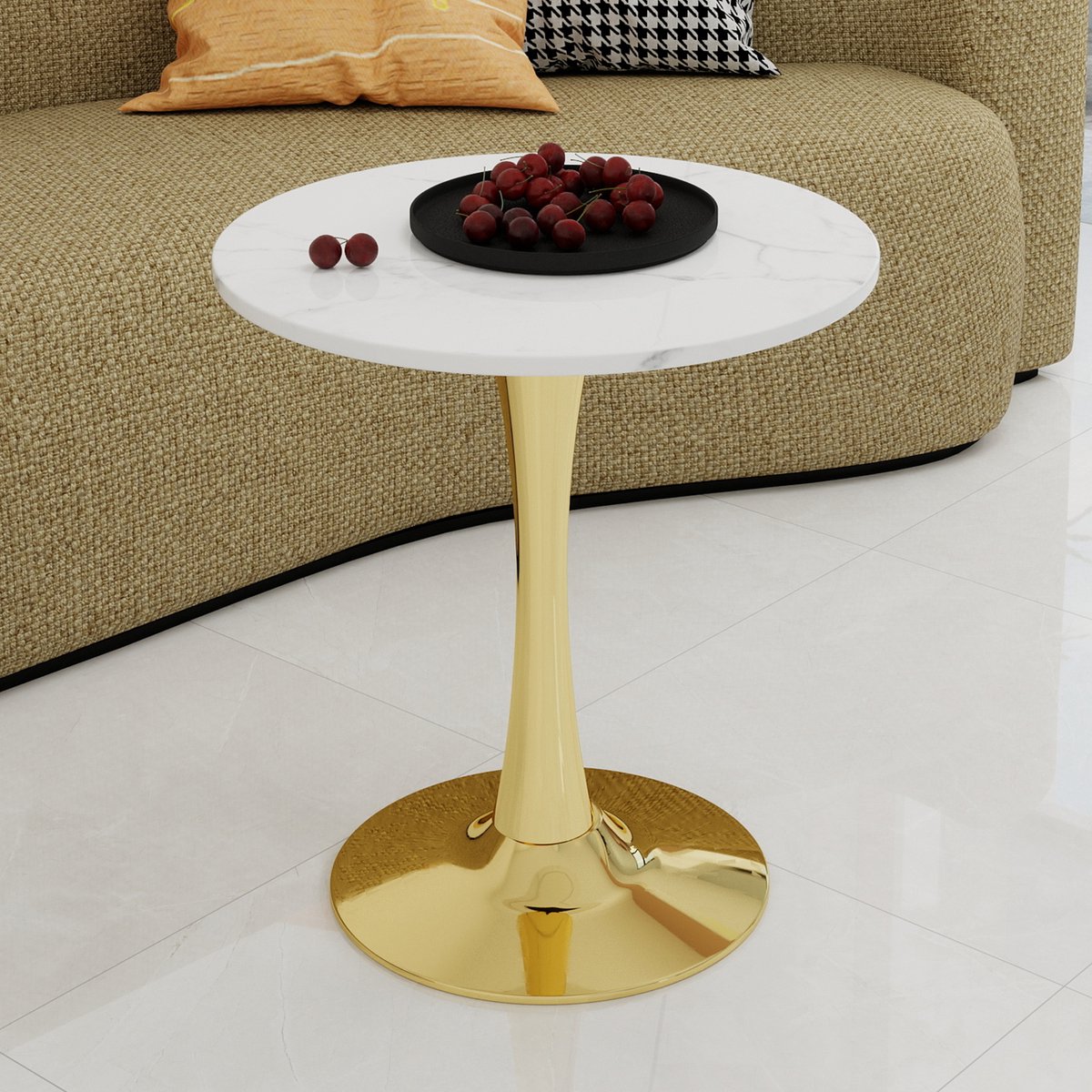 HAUSS SPOLE Bijzettafel - Rond Tafelblad Met Marmerlook - Voor Woonkamer En Eethoek - Kunstmarmer Goud Wit - 70 Cm
