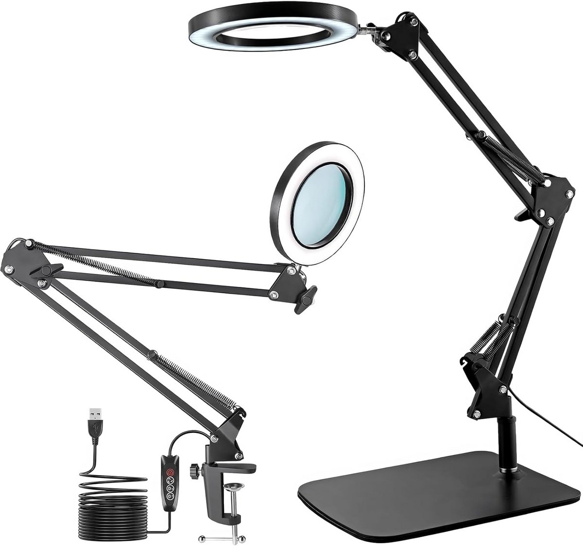Vergrootglas met LED verlichting, bureau lamp met klem, 3 kleurmodi en 10 helderheidsinstellingen