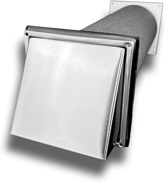 Geïsoleerde muurdoorvoer ventilatiekap met terugslagklep. De vierkante kap is van geborsteld RVS.