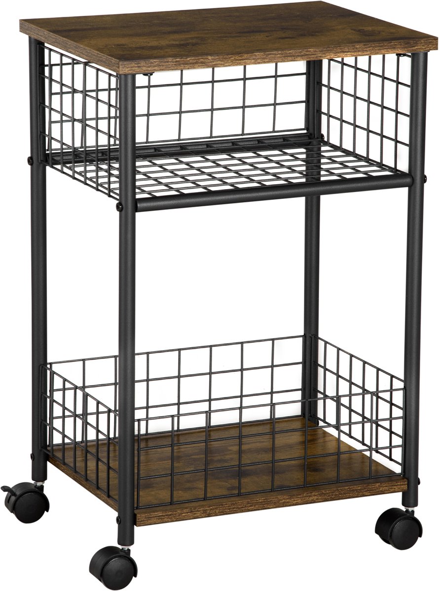 Keukenwagen - 40x30x62 cm - Met Werkblad En 2 Opbergmanden - MDF/Metaal - Bruin