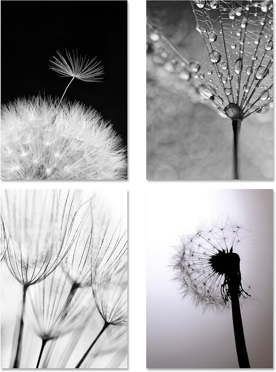 Set van 4 Monochrome Posters - DIN A4 Wanddecoratie in Zwart-Wit
