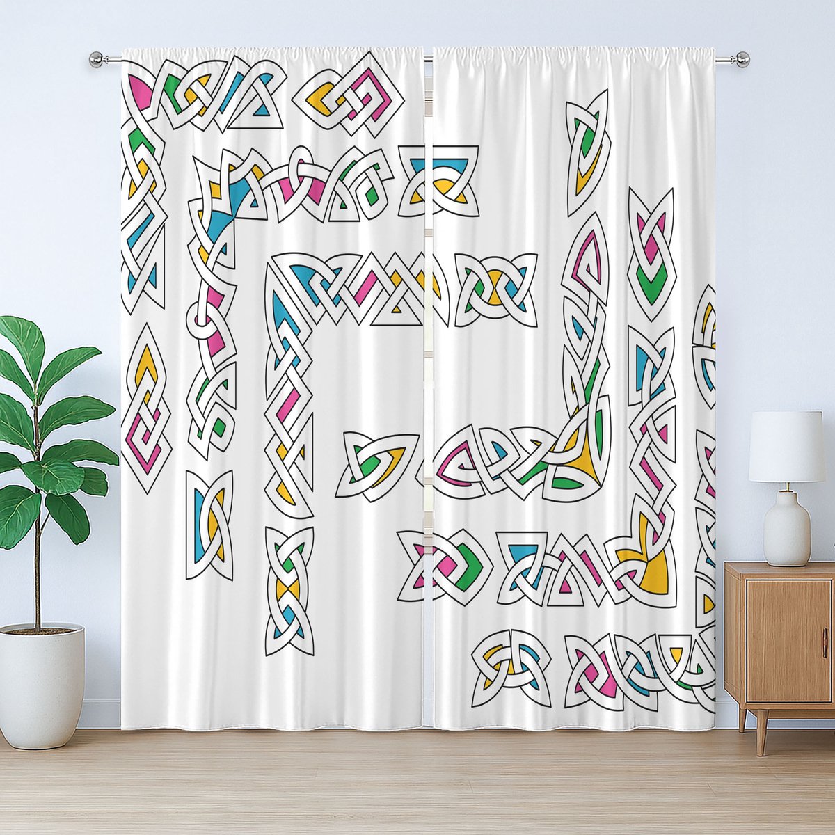 ABAKUHAUS Iers rustiek gordijn, Gaelisch ornamentpatroon, met lussen en haken voor de woonkamer, 280 x 260 cm, wit, groen, geel