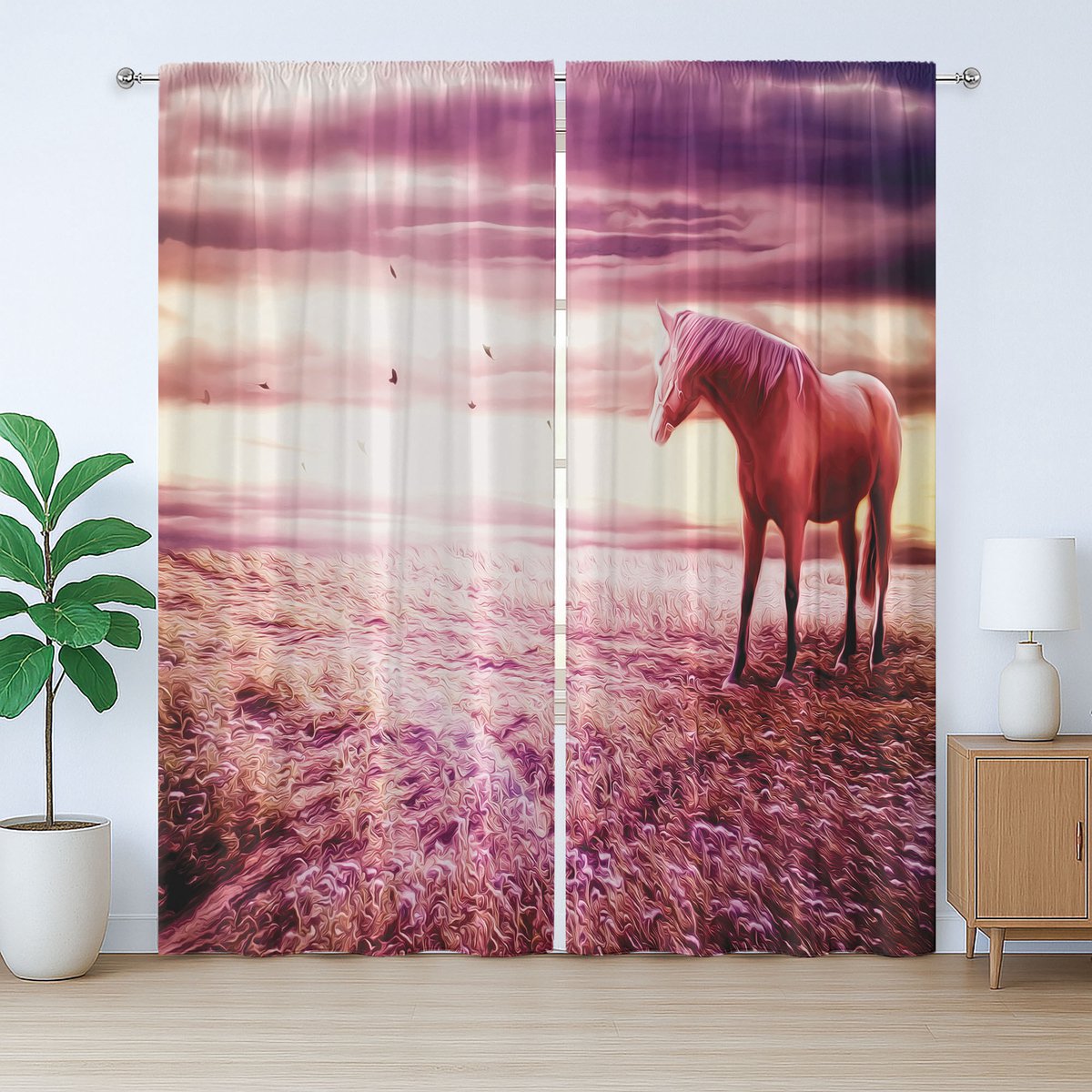 ABAKUHAUS Rustiek Paardengordijn, Dier in een Weide onder de Wolken, met Lussen en Haken, 280 x 175 cm, Gedroogde Roos Donker Magenta