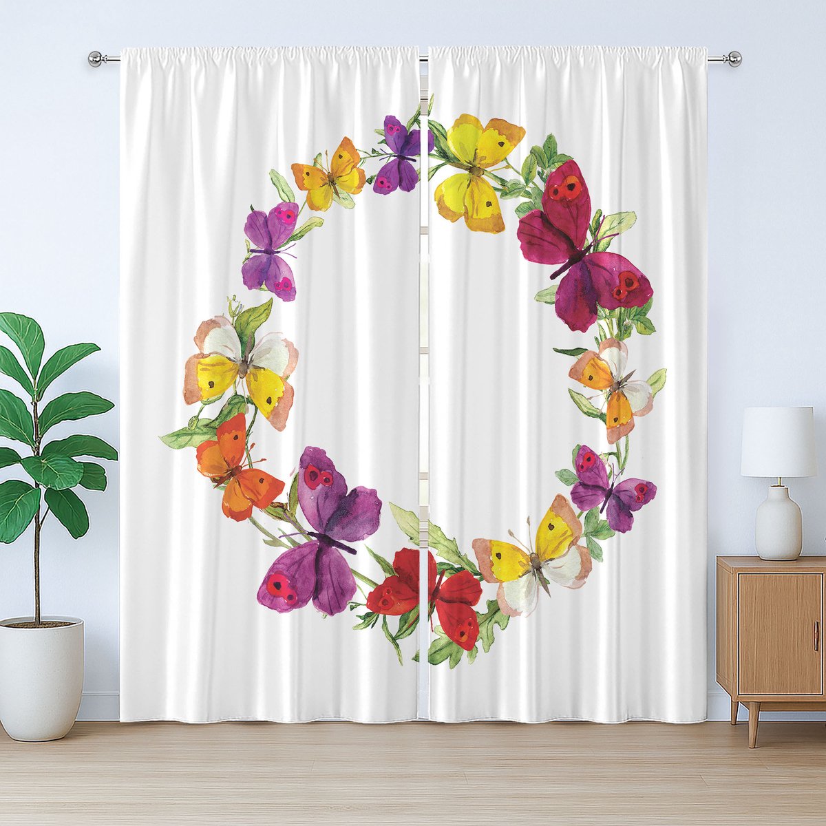 ABAKUHAUS Kleurrijk rustiek gordijn, vlinder met kruiden, met lussen en haken voor de woonkamer, 280 x 225 cm, paars, geel, rood