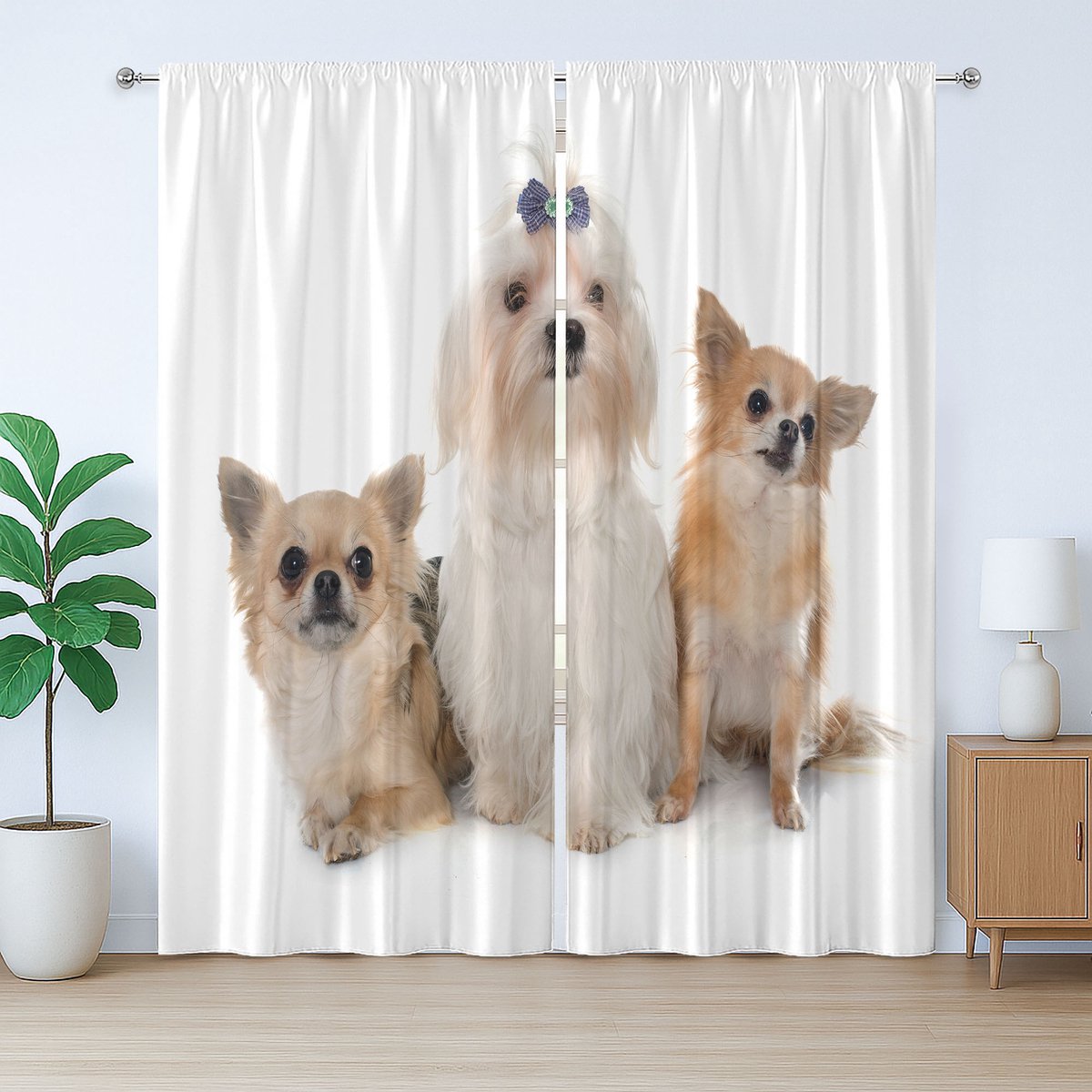 ABAKUHAUS Rustiek puppygordijn, Chihuahua en Maltezer, slaapkamergordijn met plooien, lussen en haken, 280 x 260 cm, wit lichtbruin