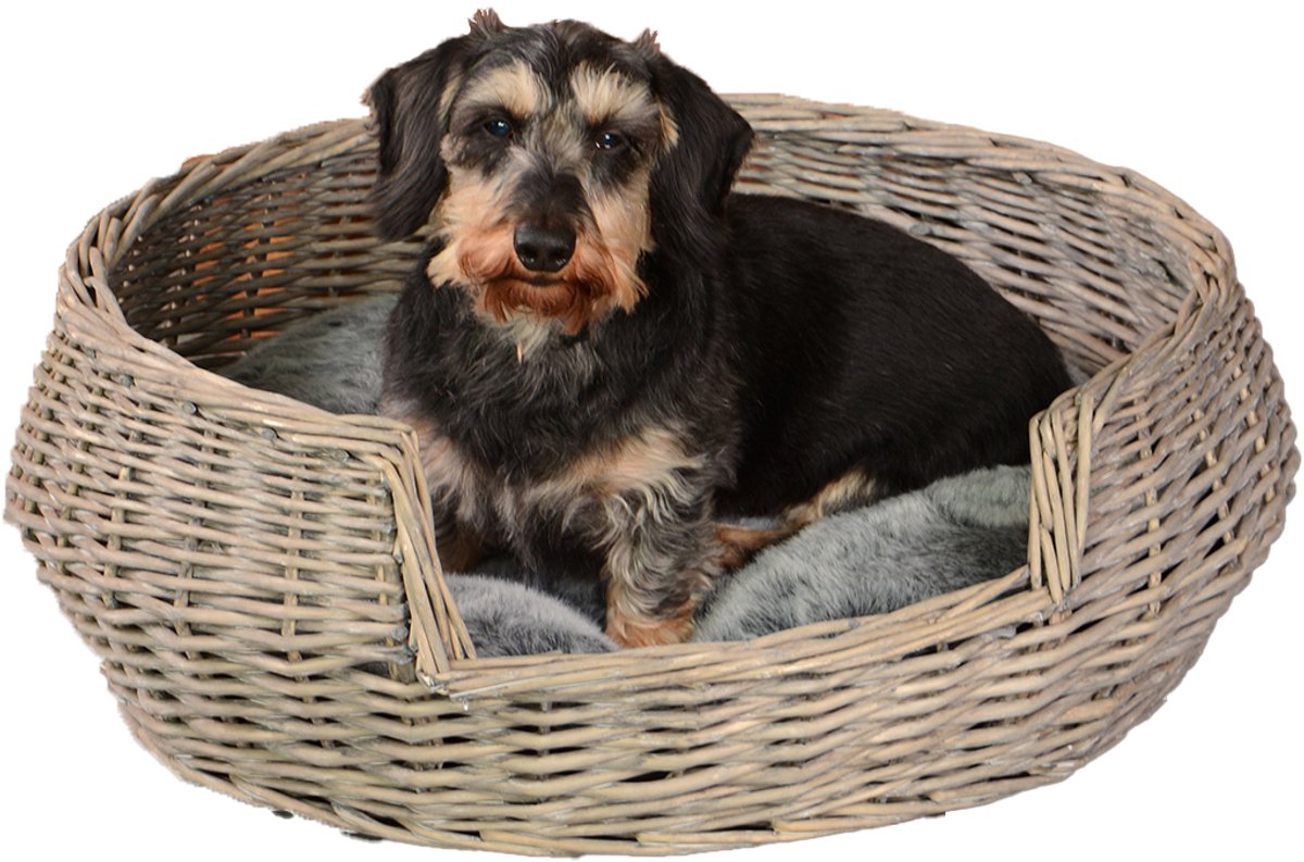 UNUS® Ronde hondenmand slaapplaats voor honden van wilg grijs met kussen 65 cm