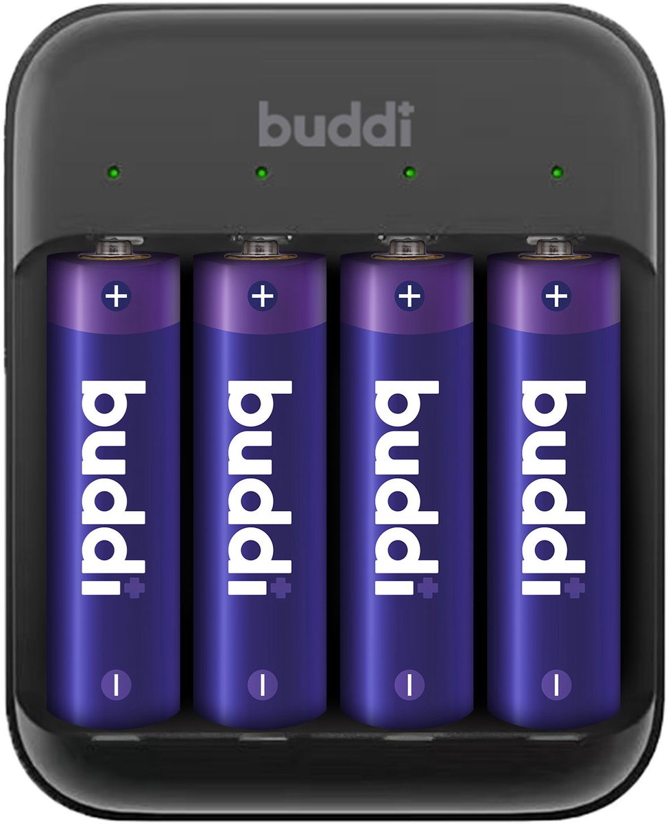 Buddi Battery Charger AA + AAA Batterij USB-C Oplader 4 Stuks Zwart
