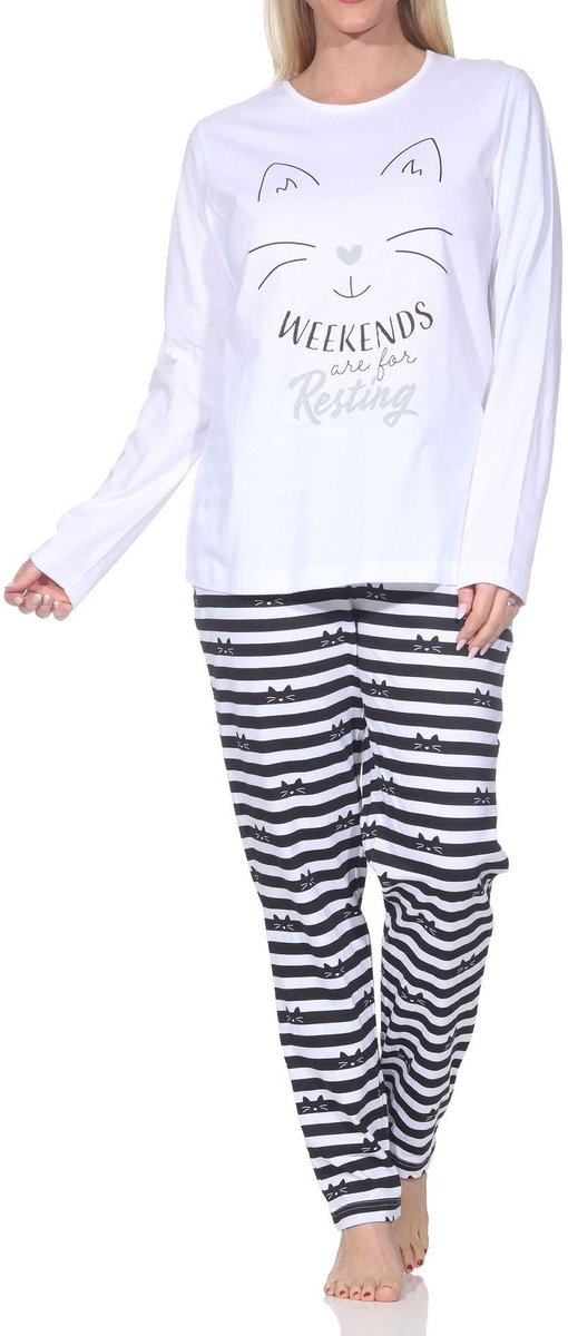 Normann dames pyjama met lange mouwen in kattenlook – ook in grote maten weiß