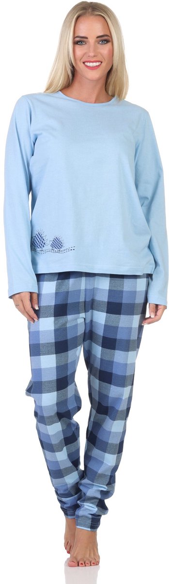 Normann jersey damespyjama met lange mouwen, geruite broek en dierenmotief hellblau