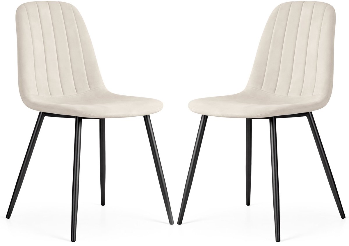 Set van 2 Eetkamerstoelen LUMO / Gestoffeerde Stoelen / Fluwelen Stoelen en Metalen Poten / Beige met zwarte benen