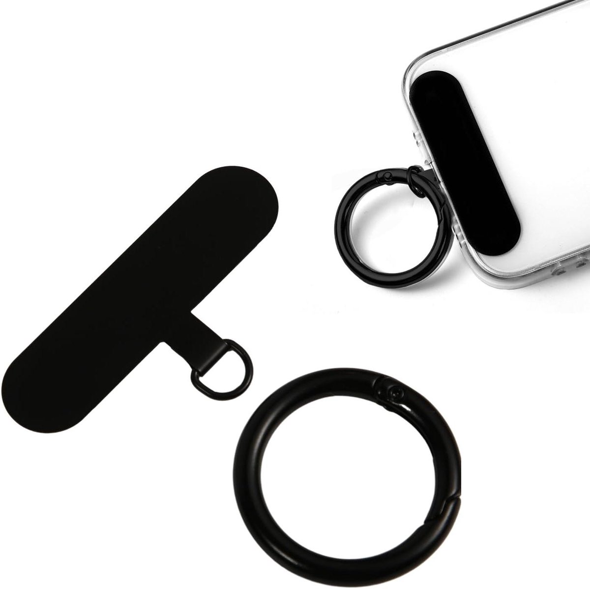 Lanyard met metalen veerring voor mobiele telefoon - Universele patch voor smartphones - Zwart