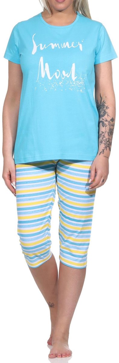 Normann Zomerse dames capri pyjama, pyjama met korte mouwen - gekrulde broek - 122 204 10 752 hellblau