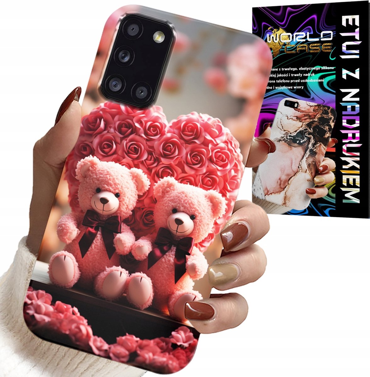 HOESJE VOOR SAMSUNG GALAXY A31 - ROSE BEAR FAMILY HEART + GLAS