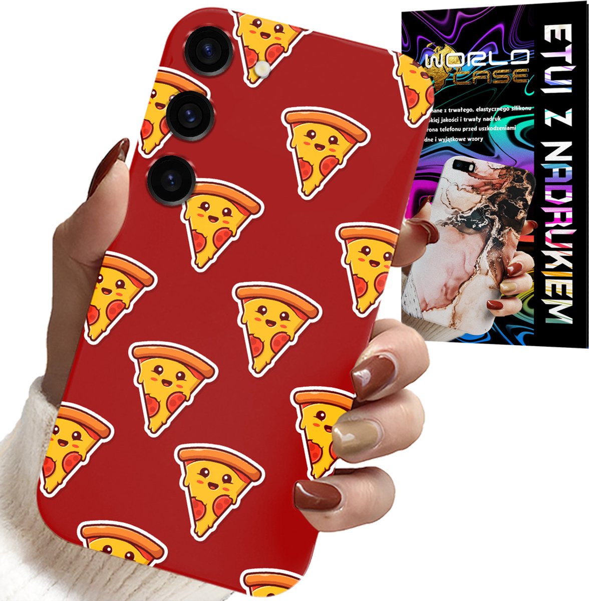HOESJE VOOR SAMSUNG GALAXY S23 - HAPPY PIZZA PATROON OP EEN RODE ACHTERGROND