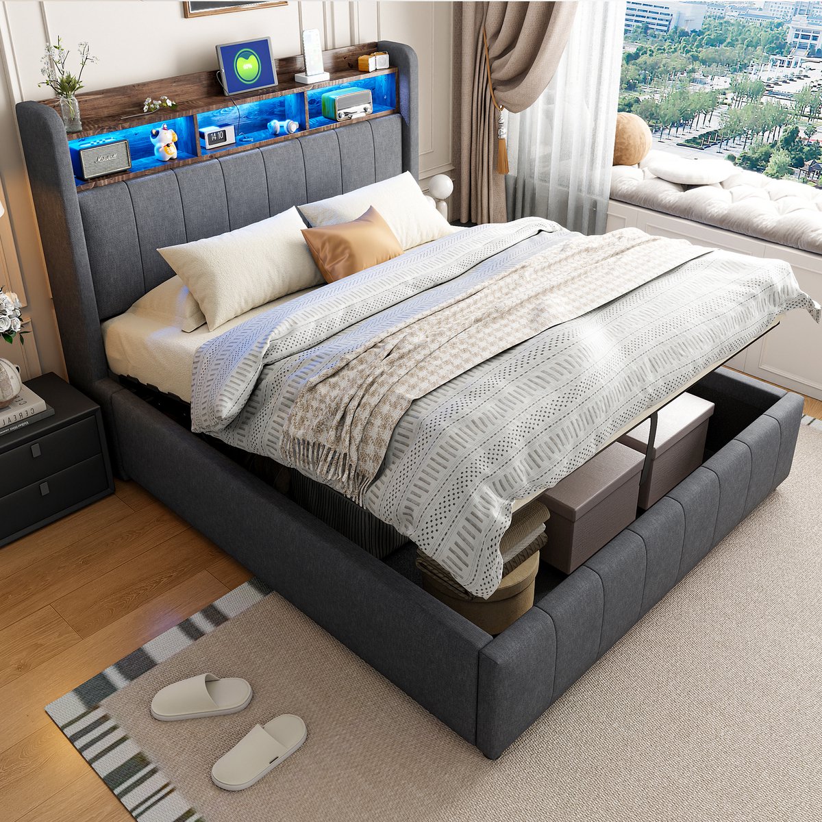 MODENUIT Gestoffeerd Bed 140x200 cm – Led-Hoofdbord met Usb-C en Opbergruimte – Hydraulische Opbergbak – Zonder Matras – Grijs