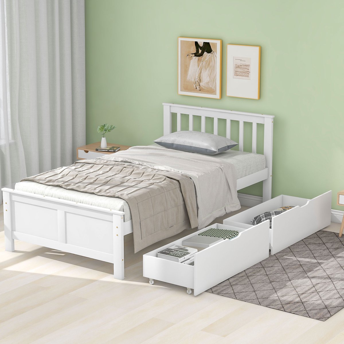 MODENUIT Eenpersoonsbed 90x200 cm – Met 2 Opberglades – Houten Frame met Lattenbodem – Zonder matras – Grenen en MDF – Wit
