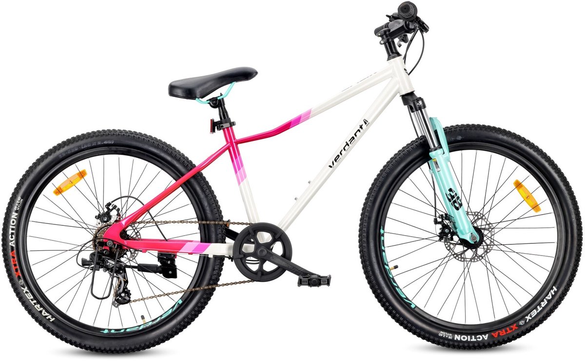 VERDANT CALIX Mountainbike 26", MTB-fiets voor dames en heren, fiets 6 inch - vering, schijfremmen, 7 versnellingen - Wit-Roze-Mintgroen