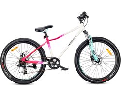 VERDANT CALIX Mountainbike 26", MTB-fiets voor dames en heren, fiets 6 inch - vering, schijfremmen, 7 versnellingen - Wit-Roze-Mintgroen