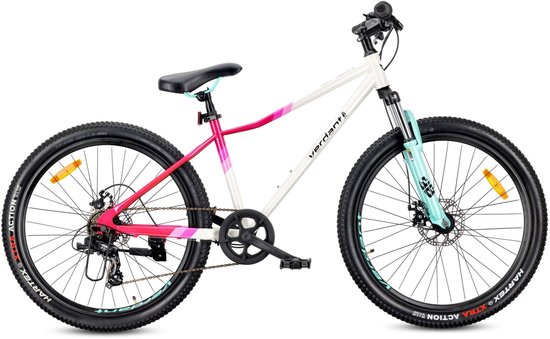 Verdant Calix 26" fiets, wit frame met roze en mintgroene accenten. Fiets zijaanzicht.