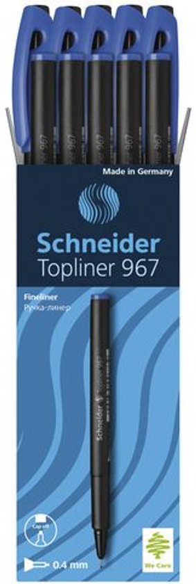 Doos met vijf blauwe Schneider Topliner 967 fineliners. Tekst "Made in Germany", "0,4 mm" en "Fineliner".