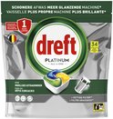 Tablette pour lave-vaisselle Dreft Platinum Tout en Un avec sections bleue, jaune et verte, pour les défis tenaces.