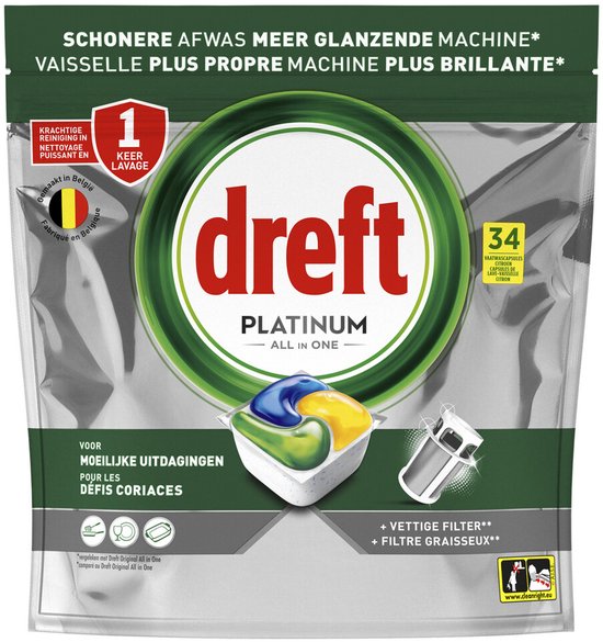 Tablette pour lave-vaisselle Dreft Platinum Tout en Un avec sections bleue, jaune et verte, pour les défis tenaces.