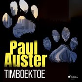 Boekomslag met de titel 'Paul Auster TIMBOEKTOE'. Twee grote hondenpootafdrukken vullen de achtergrond, met stedelijke landschappen en snelwegen erin.