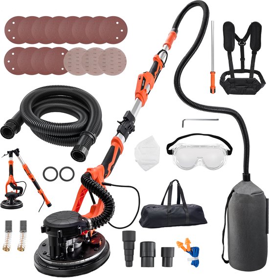 Oranje en zwarte schuurmachine, schuurschijven, slang, draagtas en accessoires voor stofafzuiging.