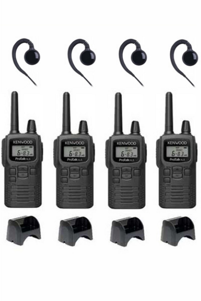 Set van 4 Kenwood PKT-300 ProTalk XLS IP52 PMR446 mini portofoons en C-ring oortje