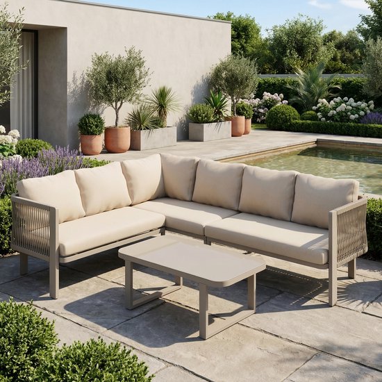 Sweiko Tuin loungeset - Hoekbank + salontafel - Metalen frame - Glazen tafelblad - Modulair - Kaki