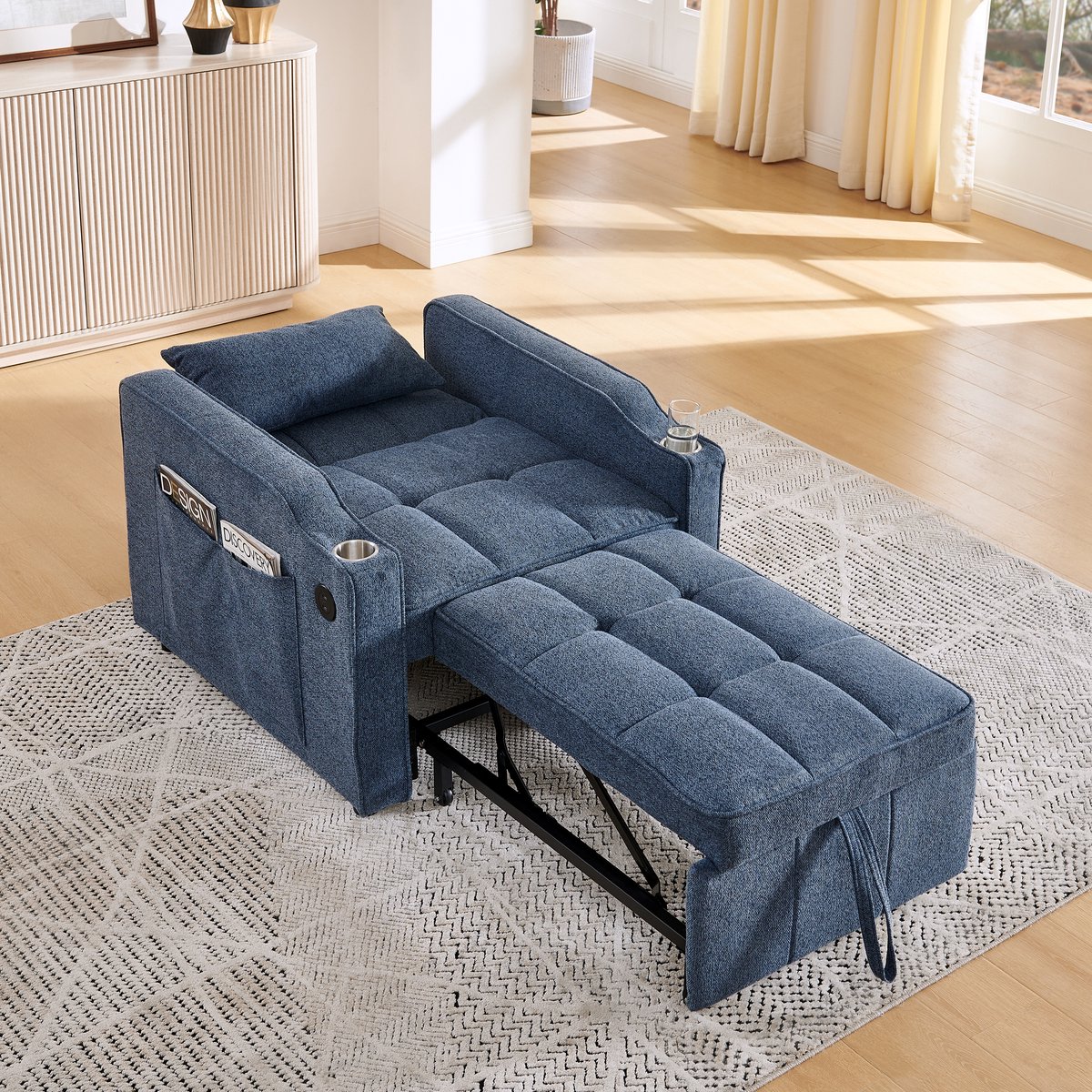 MODFU Slaapbank - 3-In-1 En Uitschuifbaar - Minimalistisch - Woonkamer - Hout En Stof - Marineblauw
