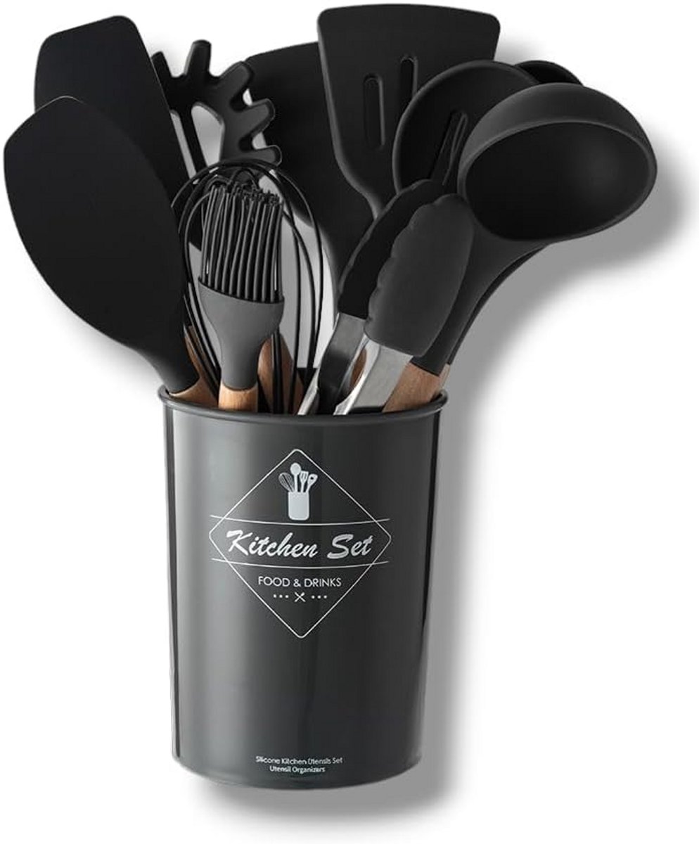 12-delige kitchen utensil set - hout en siliconen spatels met opberghouder