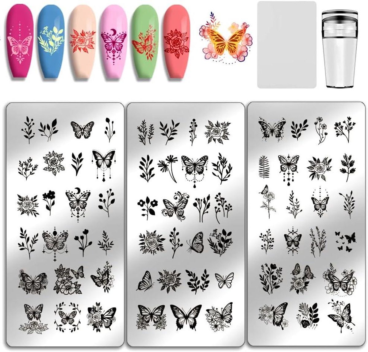MK Stoer - Nagel Stempelplaten - Bloemen - 67 Patronen - Manicure - Kunst Sjablonen - Vrouwen - Bloemenprint - Geschikt voor Salon - Diverse Kleuren - 3 Stuks - Nagels Kunst - Stencils - Manicure Ontwerp