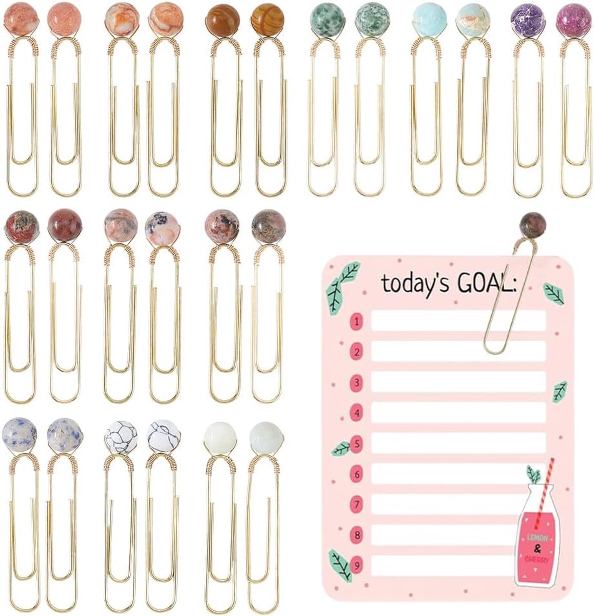 24 stuks creatieve bladwijzers - paperclips met ronde edelsteenkralen - 12 kleuren - 5,9 cm - grote metalen paperclips - elegante bladwijzers - memo - notebookbenodigdheden - kantooraccessoires
