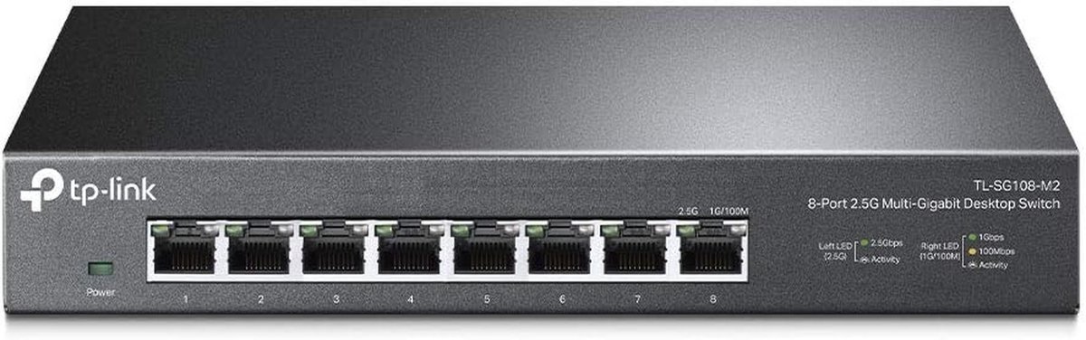 Netwerkswitch met 8 gigabit-poorten, compact en stilletjes voor thuis en kantoor