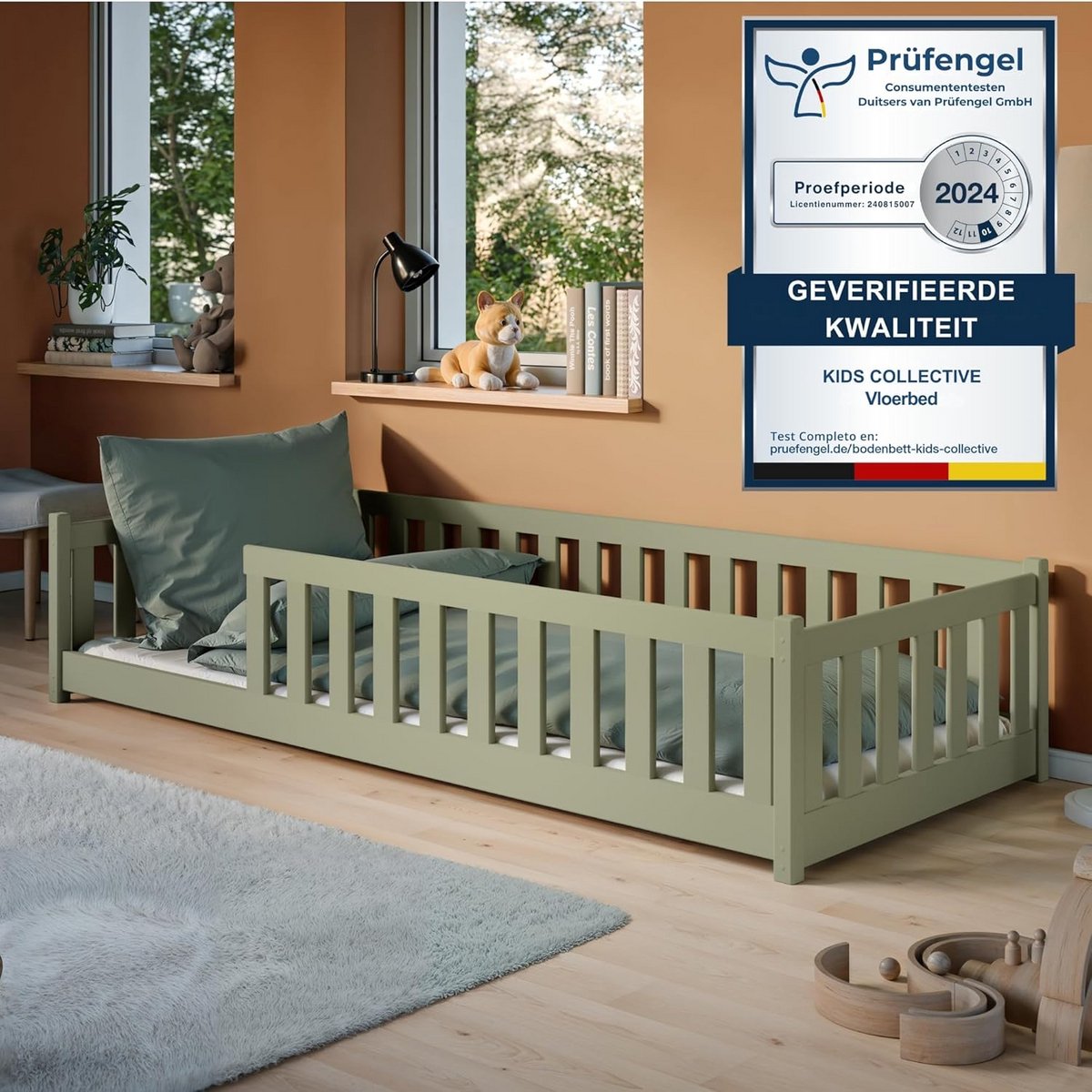 Montessori Vloerbed Kinderbed 80x160 cm met Valbeveiliging en Houten Lattenbodem
